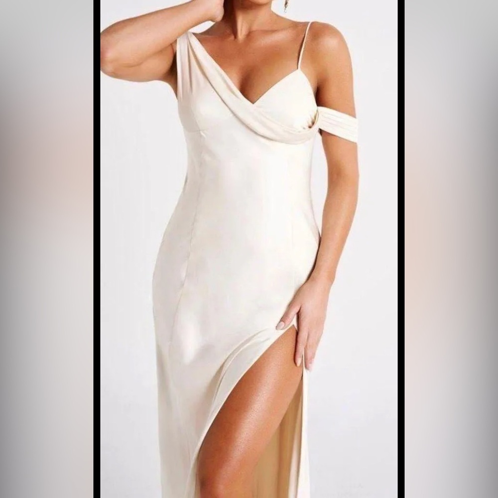 Soleil Satin Off The Shoulder Maxi Dress - Off White